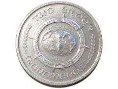 2 Troy Ounces .999 fine 1973 Two Silver Mundineros World Trade