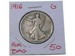 1916 Walking Liberty Half Dollar  - Rim Damage, Grade G-50