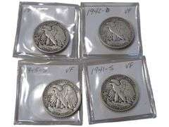 Set of 4 Walking Liberty Half Dollars (1941-S, 1942-D, 1943-D, 1945-S) VF Condition