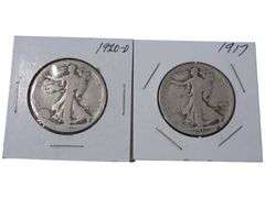 Lot of 2 Walking Liberty Half Dollars - 1917 and 1920-D