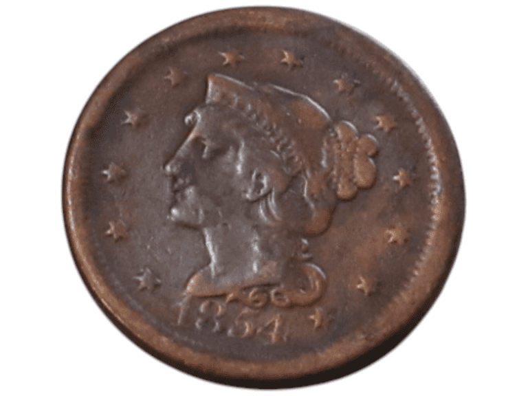 1854 Braided Hair Large Cent Choice Laurel Wreath Design