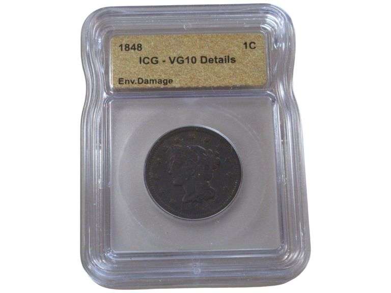 1848 Braided Hair Large Cent ICG VG10 Environmental Damage