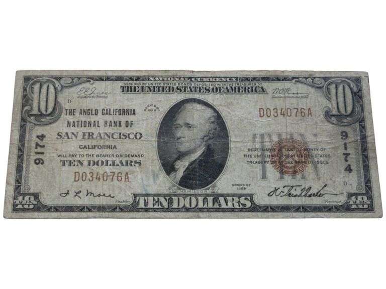 1929 Ten Dollar National Currency San Francisco Banknote Attractive