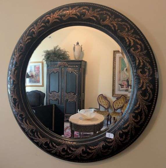 Round wood framed mirror, 38" diameter(located in living room)