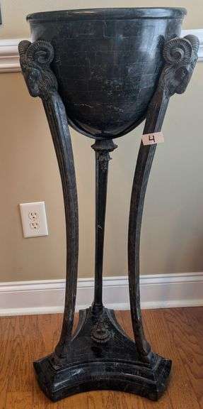 Ram's Head marble and iron planter and stand, 18" wide, 39" tall, pot 14" diameter(located in dining