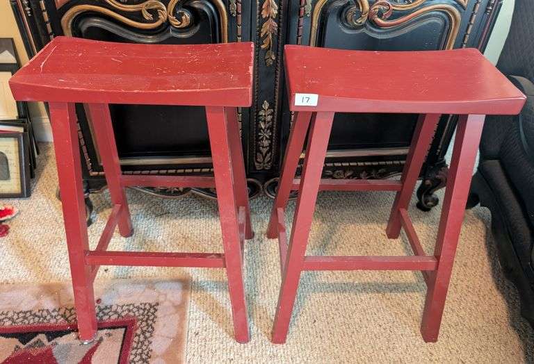 2 pc. 29" tall wood saddle seat bar stools, some scratches on seats(located in kitchen)
