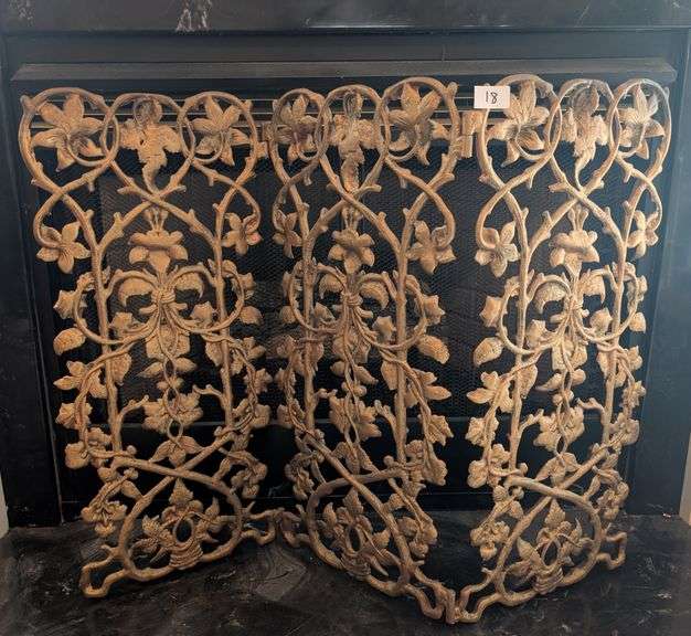Vintage ornate design 3 panel fireplace screen, 33"x29" tall(located in living room)
