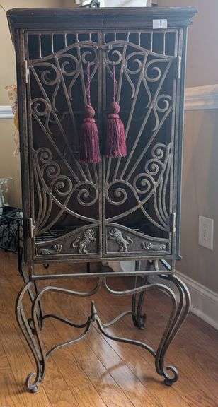 Vintage wrought iron wine cabinet, 18"x16"x44.5" tall (located in dining room)