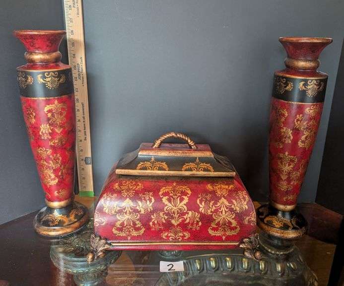 3 pc. Ornate decorative chest with matching candle bases(located in cabinet near front door)