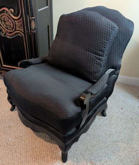 Sam Moore black upholstered arm chair, 35"x33"x36" tall(located in living room)