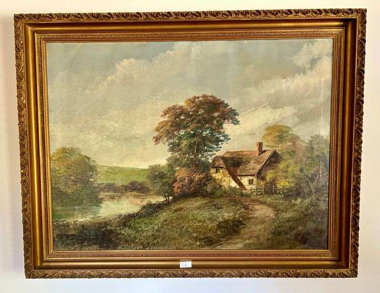 Framed Cottage Landscape Painting 35 3/4”x45 7/8” (Located in Dining Room)