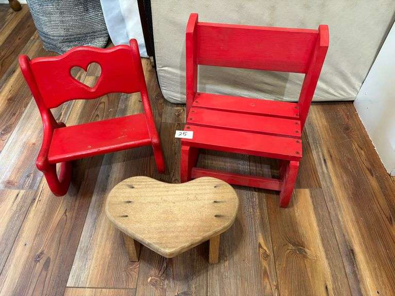 3 pc Children’s Chair, Rocking Chair, and Step Stool (Tallest Chair is 14 inches) (br)