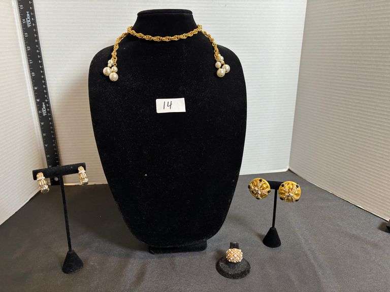 29 inch Vintage Sautoir Necklace, Barrera Clip Earrings, Clip Hoops Marked “CE”, and Chunky Gold Rin