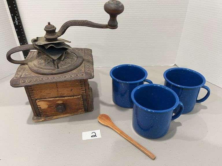 Antique Coffee Grinder with Speckleware coffee Cups and hand crafted Stirring Spoon