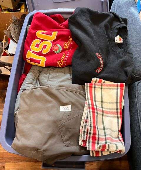 For sale at pickup- Bin of Linens (blankets, sweatshirts, pants, etc.) (Kit)