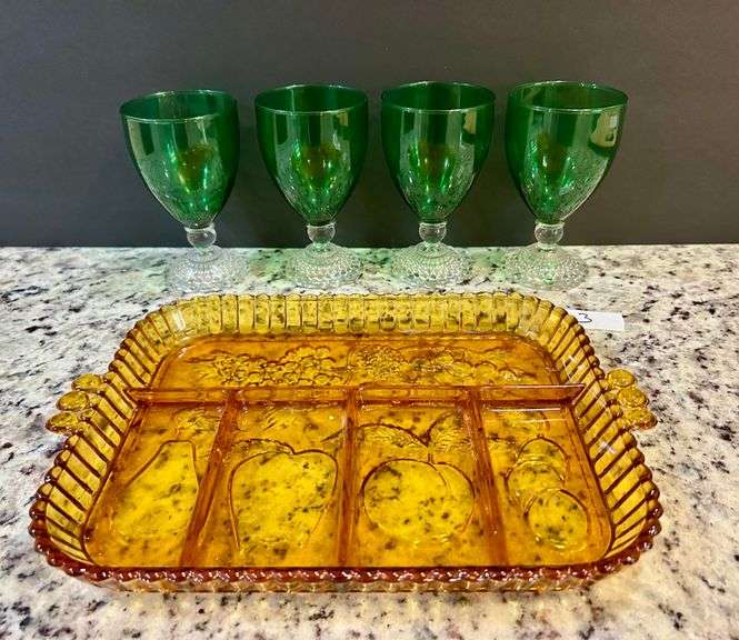 5pc Green Glass Drinking Glasses and Amber Glass Relish Tray (Located in Kitchen)