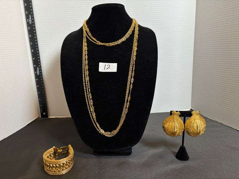 Layered Gold 27 inch Rope Necklace, LANVIN Clasp Bracelet, and Gold Woven Clip Earrings