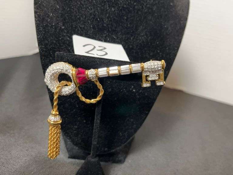 Swarovski Gold Pink Key Brooch with Tassel