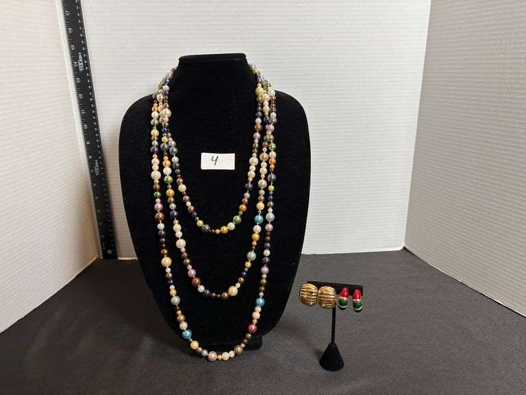 50 inch Pearl Bead Rope Necklace and 2pc Clip Earrings