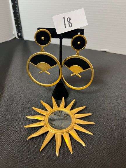 Karl Lagerfeld Vintage Statement clip Earrings & unmarked Sun Brooch with Glass Center