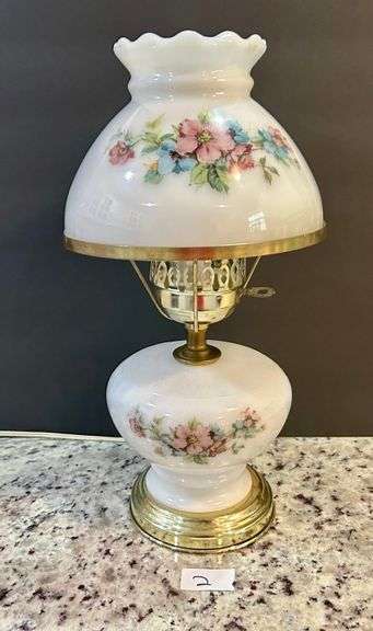 Hurricane-Style Electric Table Lamp with a Floral Design (Located in First Bedroom to the Left)