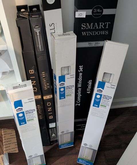 9+pc. Various sizes curtain rods and blinds (upstairs master bedroom)