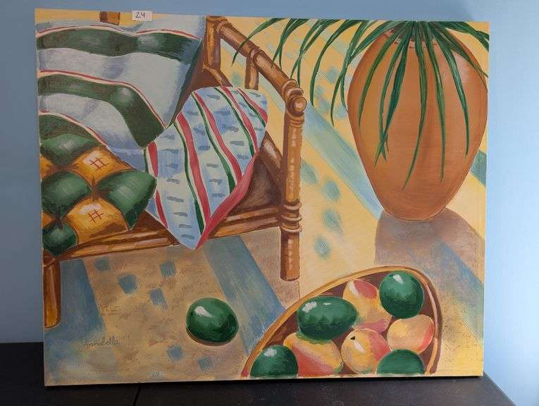 2 pc. 2 tier pineapple wicker basket 20 1/2" tall, and Signed canvas art 44" x 36" (upstairs master 