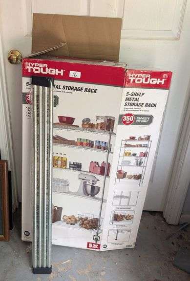 Hyper Tough 5 shelf metal storage rack, new in box,350 lb. capacity per shelf, opened box(garage)