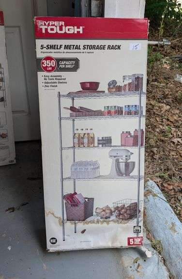 Hyper Tough 5 shelf metal storage rack, new in box,350 lb. capacity per shelf, water damage on box(g