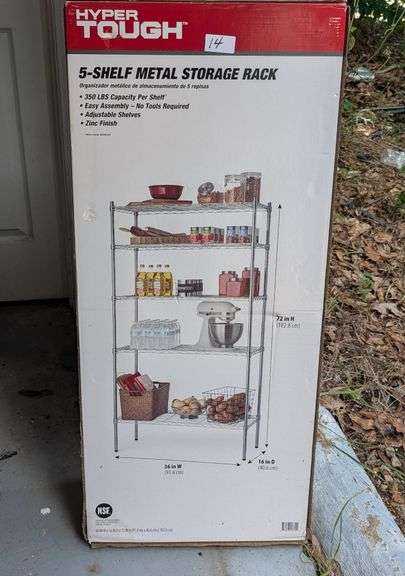 Hyper Tough 5 shelf metal storage rack, new in box,350 lb. capacity per shelf(garage)