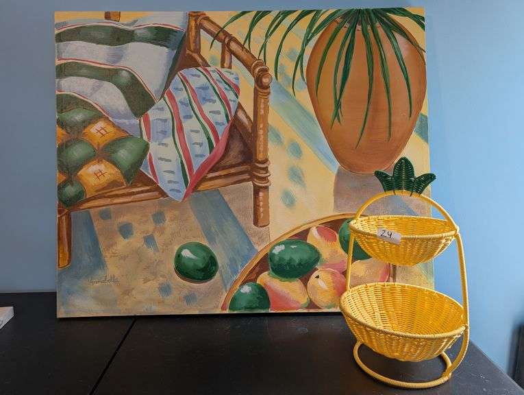 2 pc. 2 tier pineapple wicker basket 20 1/2" tall, and Signed canvas art 44" x 36" (upstairs master 
