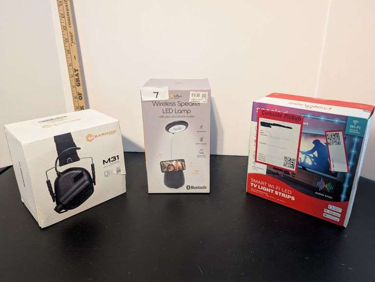 3 pc. M31 Hearing protector, speaker LED lamp, and Wi-Fi LED light strips (upstairs master bedroom)
