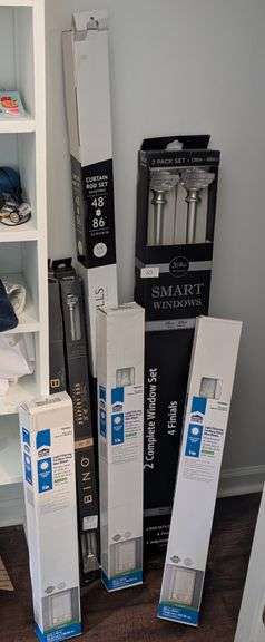 9+pc. Various sizes curtain rods and blinds (upstairs master bedroom)