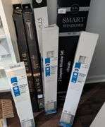 9+pc. Various sizes curtain rods and blinds (upstairs master bedroom)