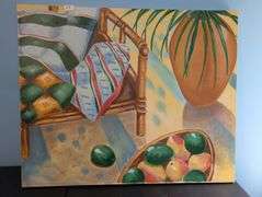 2 pc. 2 tier pineapple wicker basket 20 1/2" tall, and Signed canvas art 44" x 36" (upstairs master 