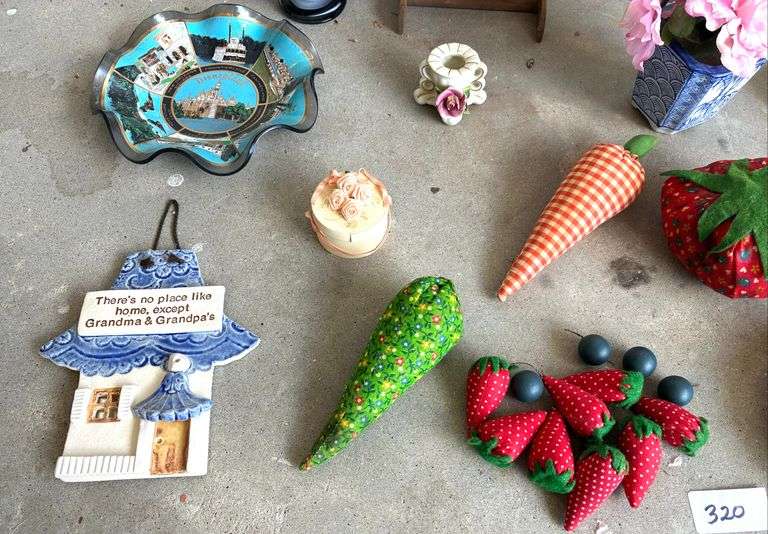 Crochet Angels, Glass Basket, Gabric Fruits and Vegetables and More (Located Garage)
