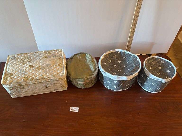 White and Gold Dish Set with Protective Packing Cases. Not a full set. (located in ds back room)