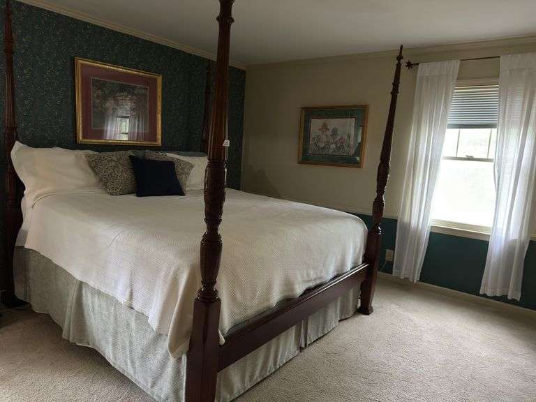 King size 4 post bed, bedding/electric mattress pad, pillows included, 81"x87"x top of post 87"tall 