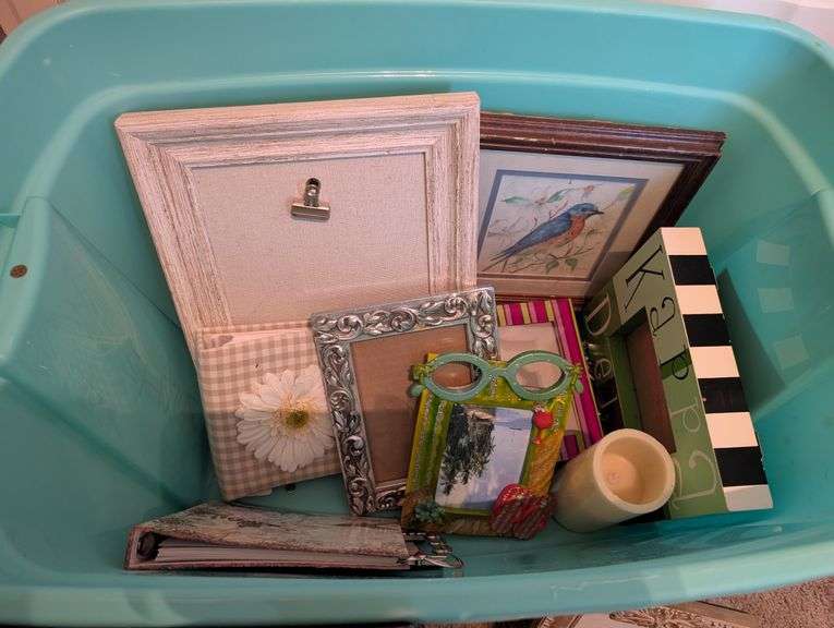 Tote of frames, mirror, and decor(located in ds back bedroom)