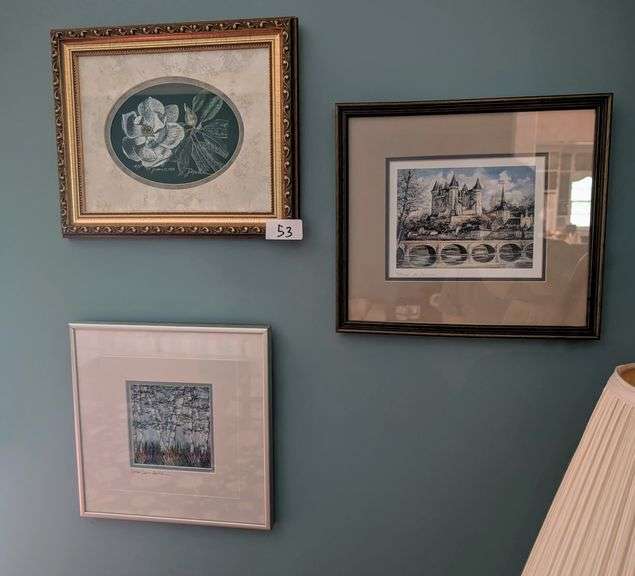 3 pc. Small framed art of various artists, top picture 12" x 10" tall(located in living room)