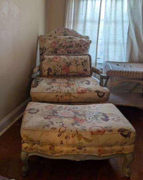 Vintage floral armchair 34"x38"x40"tall, with matching ottoman,34"x22"x16"tall(located in living roo