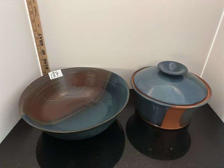 Pottery bowl and pottery covered casserole (located in kitchen)
