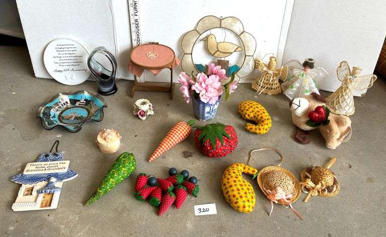 Crochet Angels, Glass Basket, Gabric Fruits and Vegetables and More (Located Garage)