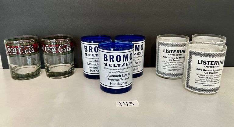 8pc Coca-Cola, Bromo Seltzer and Listerine Glasses (Located in Kitchen)