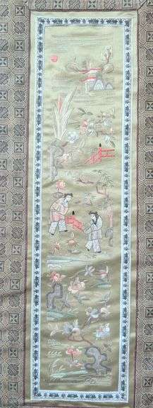 2 pc. Chinese embroidered panels, each one 15"x 30.5" tall (located in dining room)