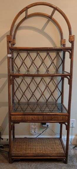 Vintage Rattan and glass bookcase/shelf, 30"x 18" x 75"(located in ds back bedroom)