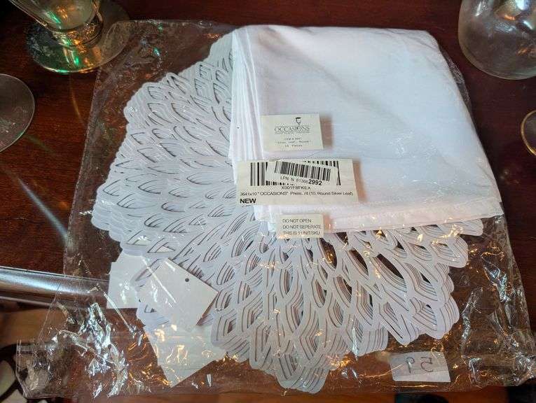 Vintage vases and 10 pc. Occasions Finest plastic tableware placemats and cloth napkins( located in 