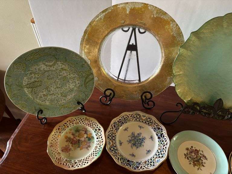 11 pc Misc Decorative Plates, Stands not Included, Crack on Small Plate (Located in ds back room)