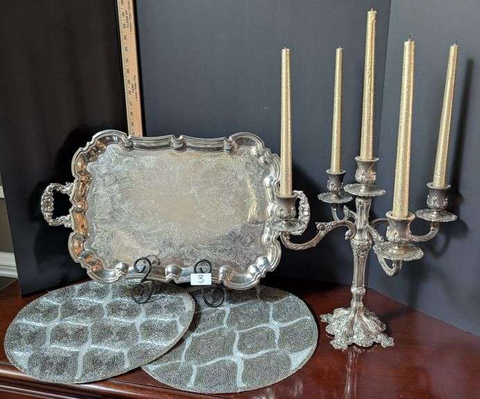 4 pc. Footed tray, candleabra with candles, and beaded place mats, stand not included (located in di