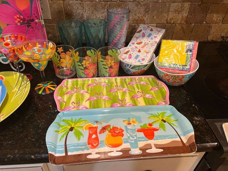 Tropical Summer drinkware, serving dishes, and napkins (located in kitchen)
